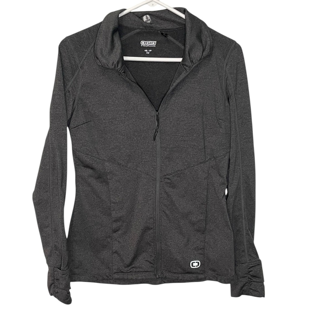 OGIO XS Gray Full Zip Jacket Ruched Cuffs Thumbholes Athleisure Gorpcore